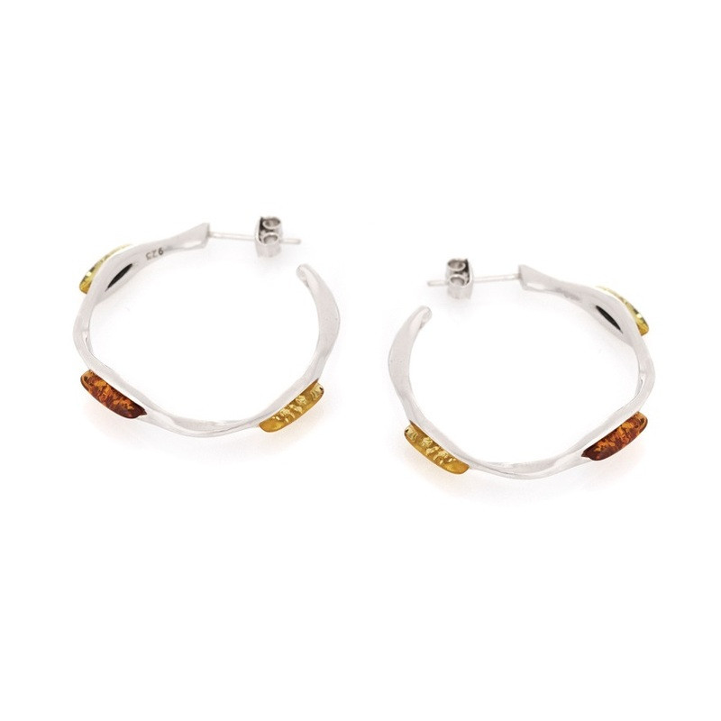 Boucles d'oreilles pendantes en ambre multicolore navette, en argent 925 rhodié