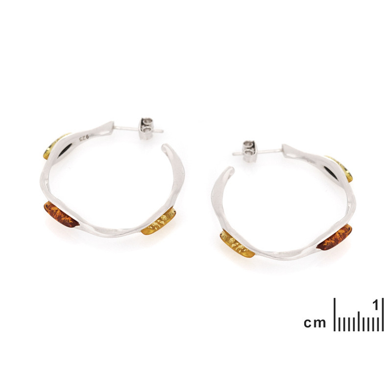 Boucles d'oreilles pendantes en ambre multicolore navette, en argent 925 rhodié