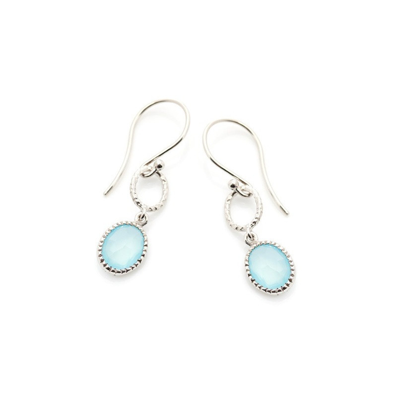 Boucles d'oreilles pendantes en calcédoine bleue ovale, en argent 925 rhodié