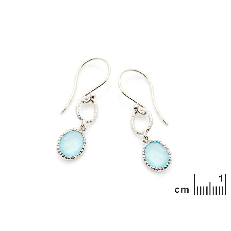 Boucles d'oreilles pendantes en calcédoine bleue ovale, en argent 925 rhodié