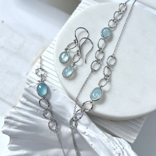 Boucles d'oreilles pendantes en calcédoine bleue ovale, en argent 925 rhodié