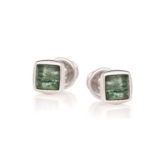 Clous d'oreilles en aventurine verte naturelle carrée, en argent 925 rhodié