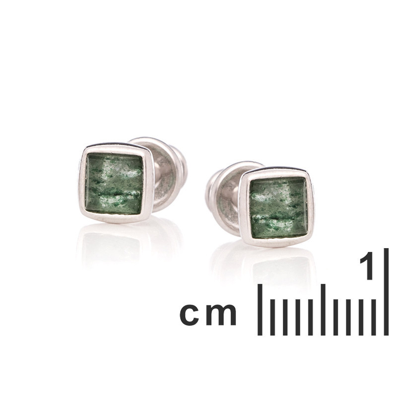 Clous d'oreilles en aventurine verte naturelle carrée, en argent 925 rhodié