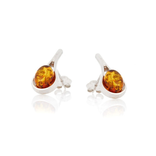 Clous d'oreilles en ambre cognac de la mer Baltique ovale, en argent 925 rhodié