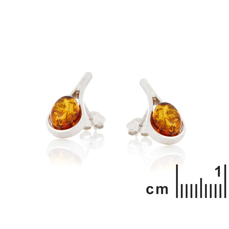Clous d'oreilles en ambre cognac de la mer Baltique ovale, en argent 925 rhodié