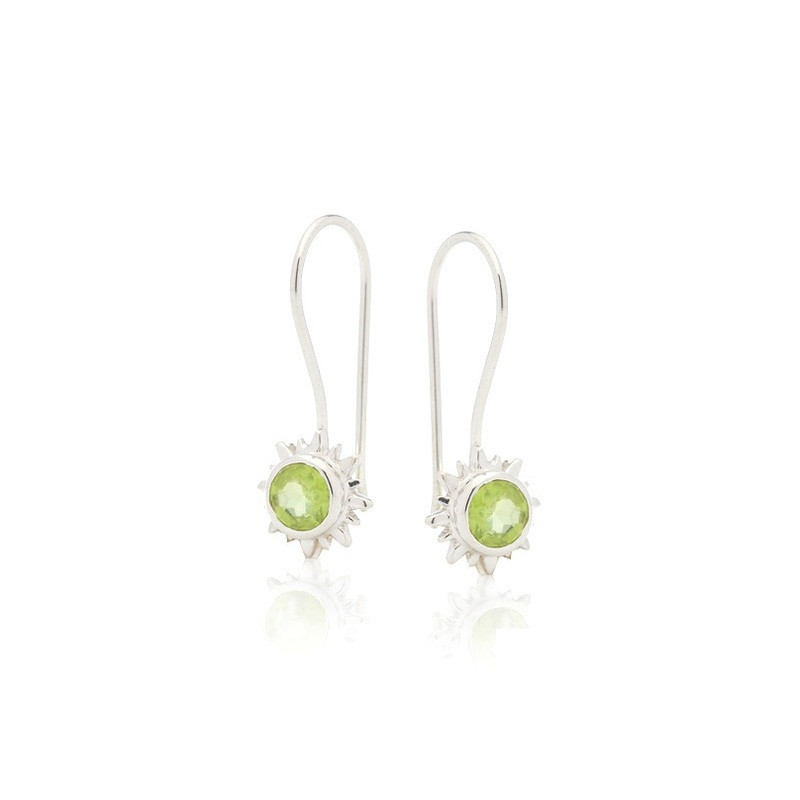 Orecchini pendenti rotondi a forma di sole con peridoto verde, in argento 925 rodiato