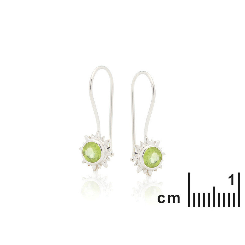 Orecchini pendenti rotondi a forma di sole con peridoto verde, in argento 925 rodiato
