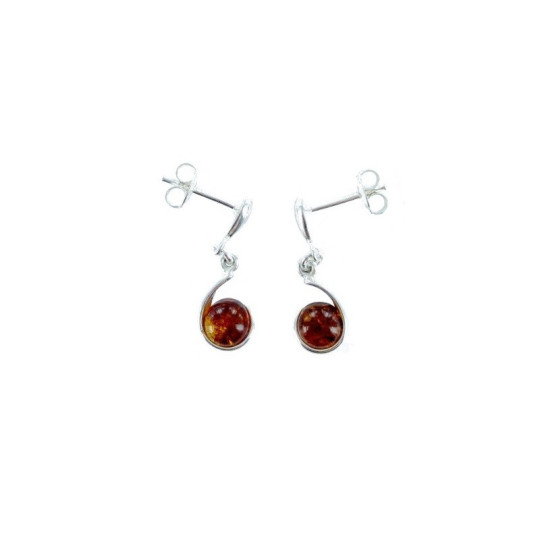 Boucles d'oreilles pendantes en ambre cognac rond, en argent 925