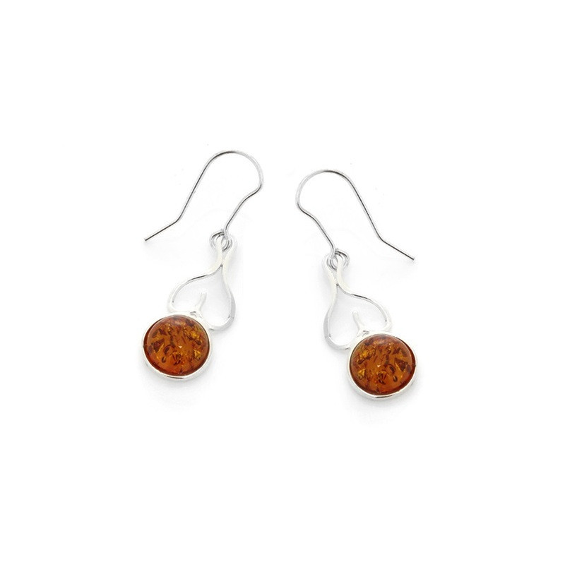 Boucles d'oreilles pendantes en ambre cognac naturel rond, en argent 925