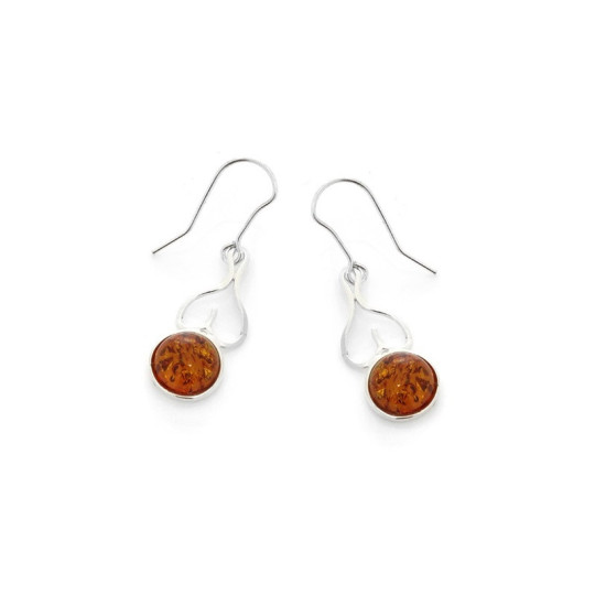 Boucles d'oreilles pendantes en ambre cognac naturel rond, en argent 925
