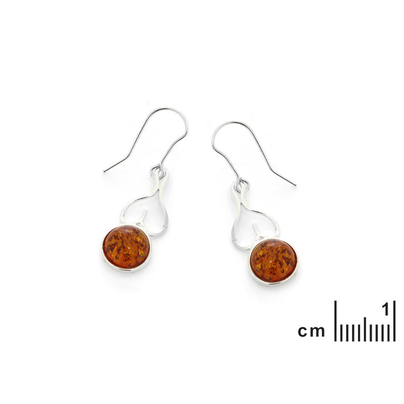 Boucles d'oreilles pendantes en ambre cognac naturel rond, en argent 925