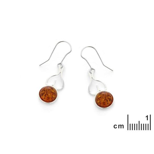 Boucles d'oreilles pendantes en ambre cognac naturel rond, en argent 925