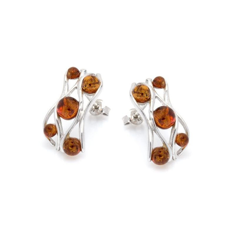 Boucles d'oreilles en ambre cognac de la mer Baltique, en argent 925 rhodié