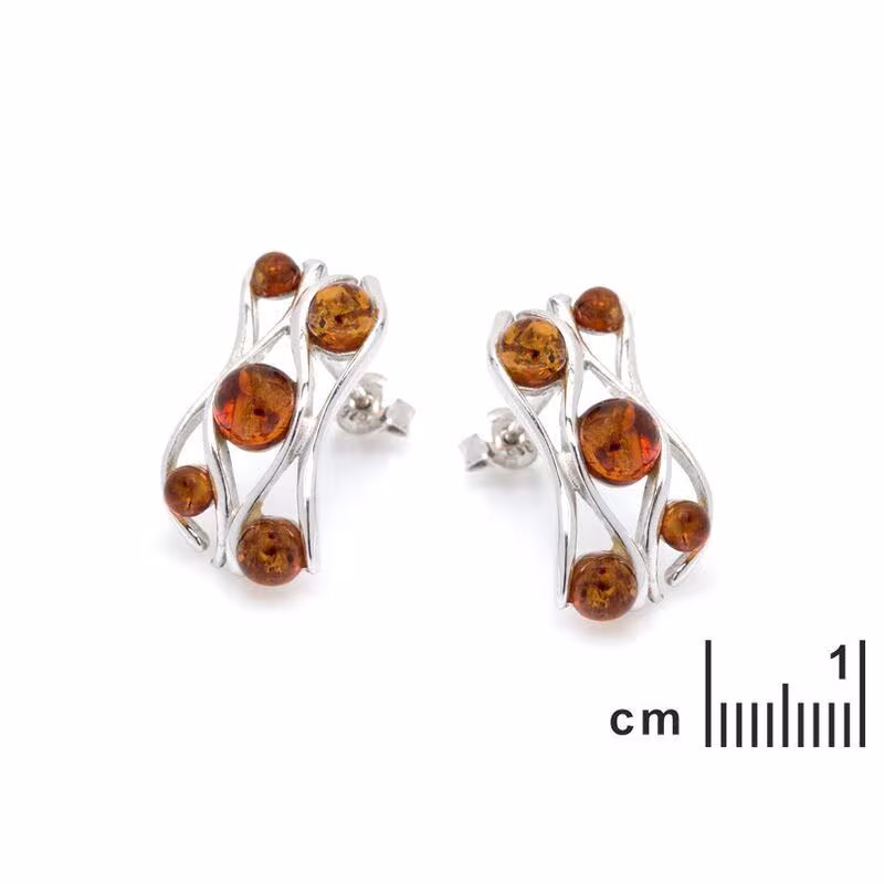 Baltic Sea cognac amber earrings, rhodium-plated 925 silver