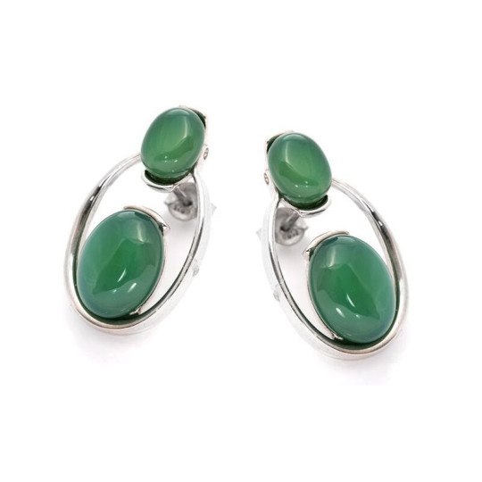 Orecchini a bottone ovali in agata verde naturale, argento 925 rodiato