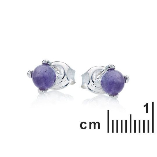 Pendientes de amatista morada natural redonda, plata 925 rodiada.