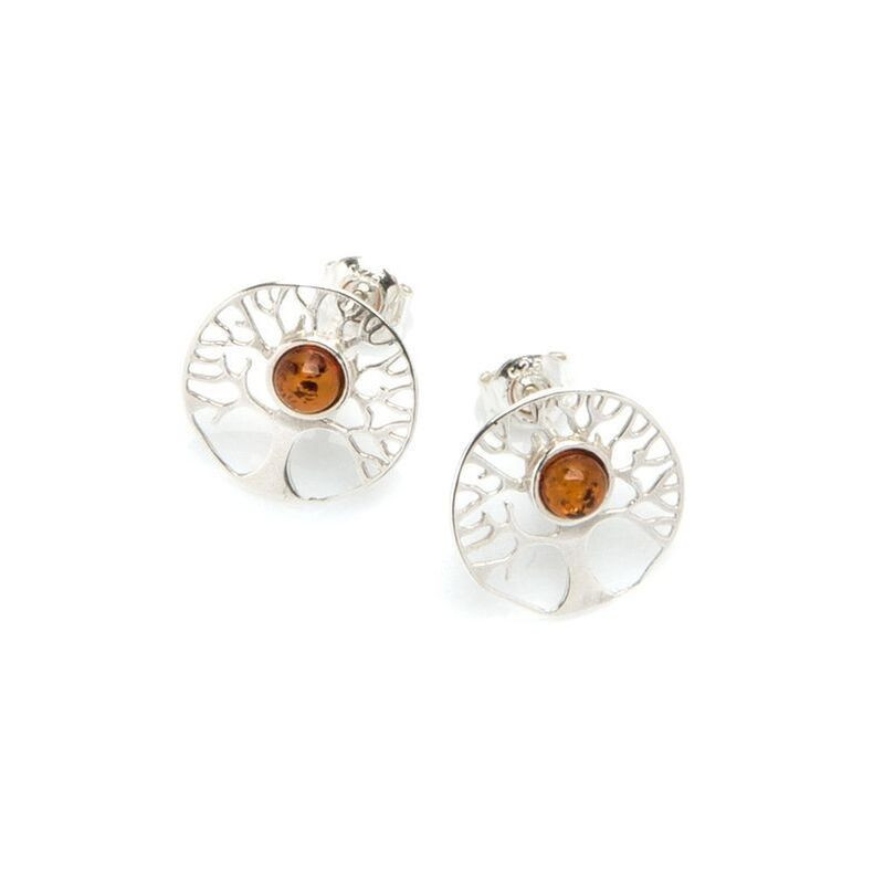 Pendientes de botón con forma de árbol de la vida de ámbar natural redondo, plata 925 rodiada.