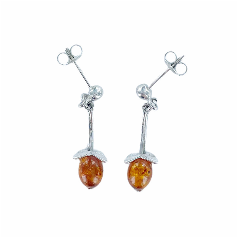 Boucles d'oreilles en ambre naturel de la mer Baltique, en argent 925 rhodié