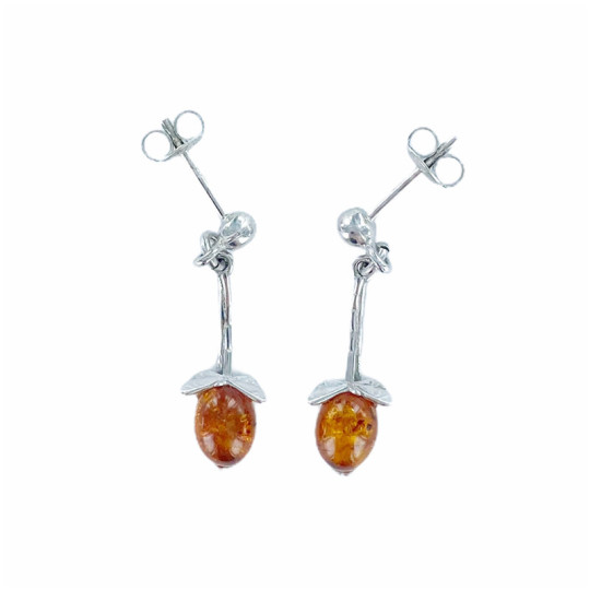 Boucles d'oreilles en ambre naturel de la mer Baltique, en argent 925 rhodié