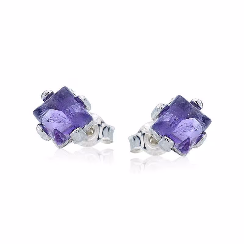 Natural purple amethyst square stud earrings, rhodium-plated 925 silver