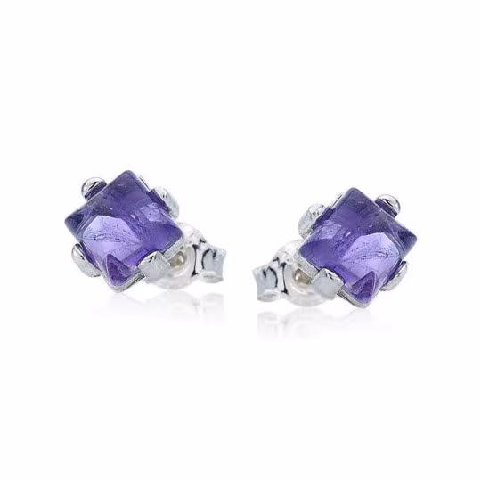 Natural purple amethyst square stud earrings, rhodium-plated 925 silver