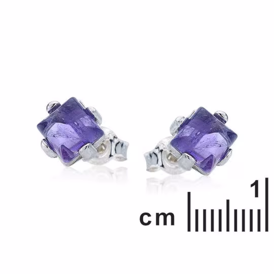 Natural purple amethyst square stud earrings, rhodium-plated 925 silver