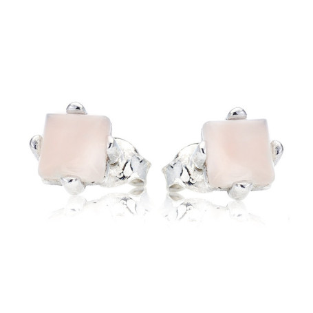 Natural rose quartz square stud earrings, rhodium-plated 925 silver