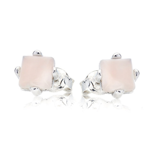 Natural rose quartz square stud earrings, rhodium-plated 925 silver
