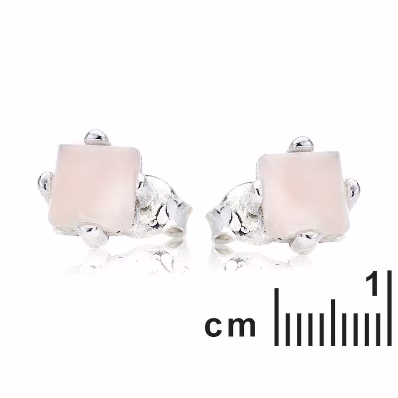 Pendientes cuadrados de cuarzo rosa natural, plata 925 rodiada.