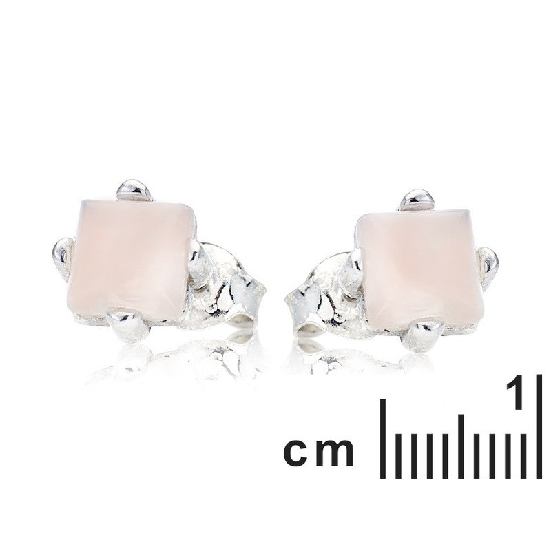 Natural rose quartz square stud earrings, rhodium-plated 925 silver