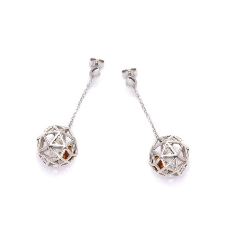 Natural amber sphere earrings, rhodium-plated 925 silver