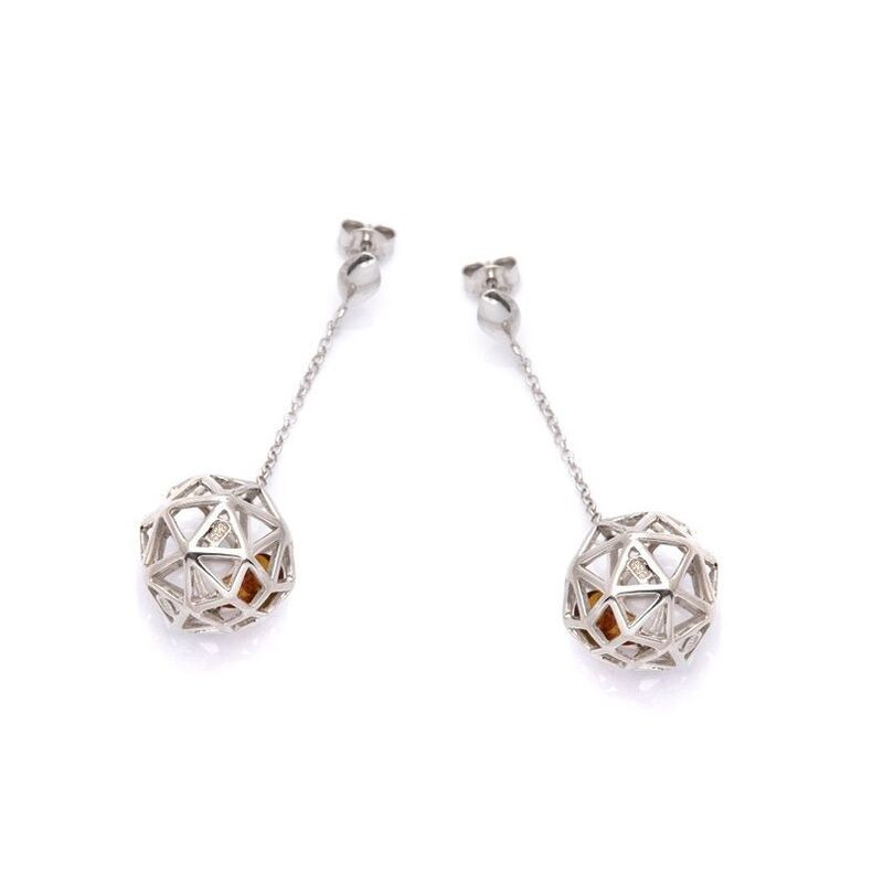 Natural amber sphere earrings, rhodium-plated 925 silver