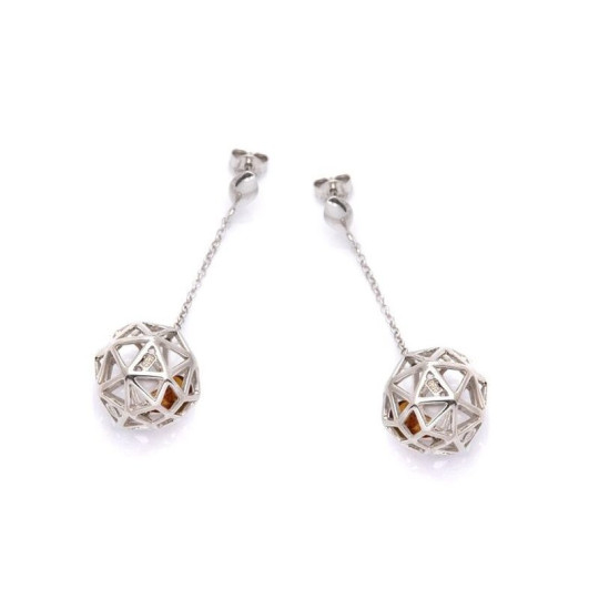 Natural amber sphere earrings, rhodium-plated 925 silver