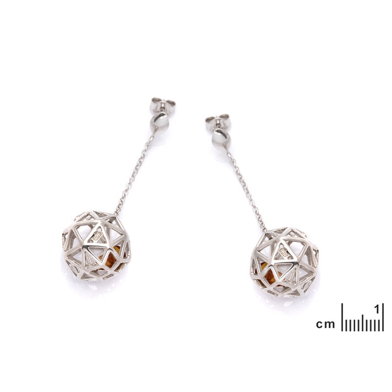 Natural amber sphere earrings, rhodium-plated 925 silver