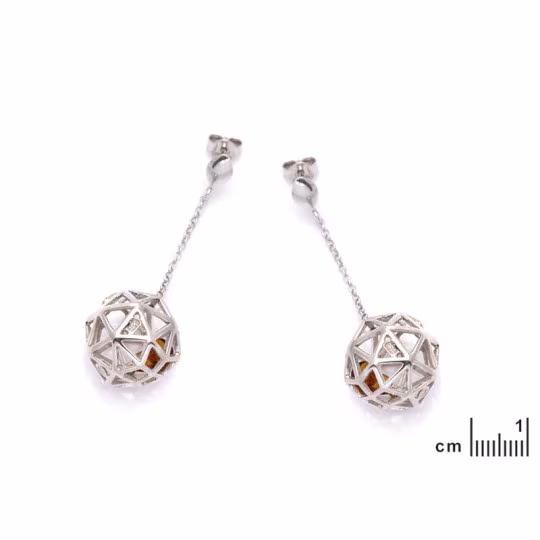 Natural amber sphere earrings, rhodium-plated 925 silver