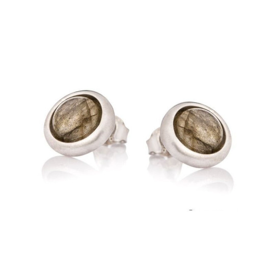 Pendientes redondos de labradorita natural, en plata 925 rodiada.