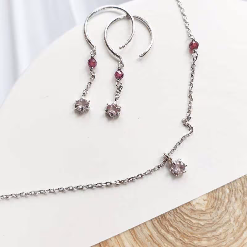 Rose quartz and garnet earrings, in rhodium-plated 925 silver
