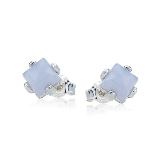 Clous d'oreilles en agate blue lace naturelle carrée, en argent 925 rhodié
