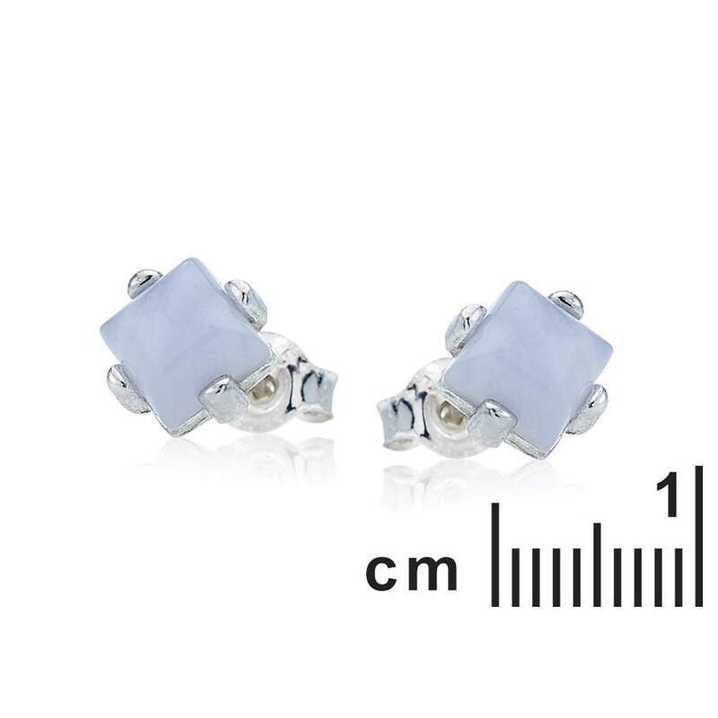 Clous d'oreilles en agate blue lace naturelle carrée, en argent 925 rhodié