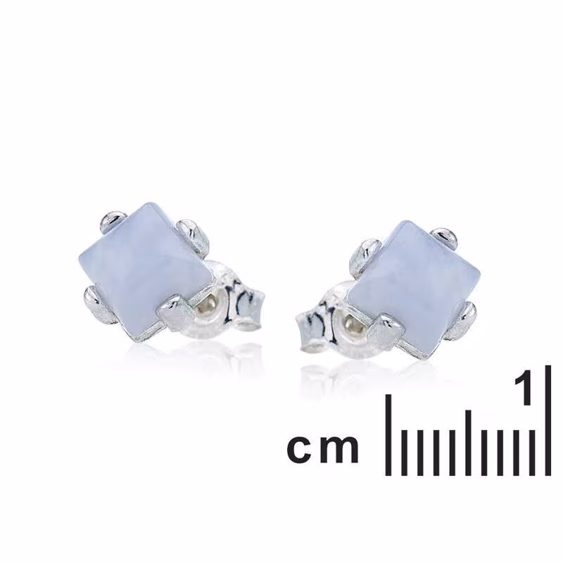 Natural blue lace agate square stud earrings, rhodium-plated 925 silver
