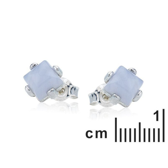 Clous d'oreilles en agate blue lace naturelle carrée, en argent 925 rhodié