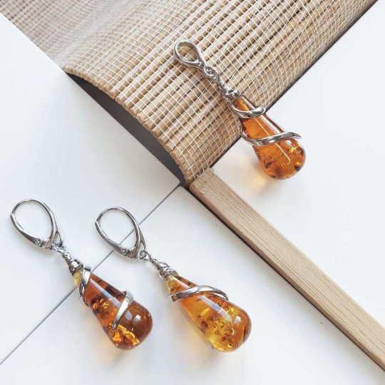 Boucles d'oreilles en ambre cognac naturel goutte, en argent 925 rhodié