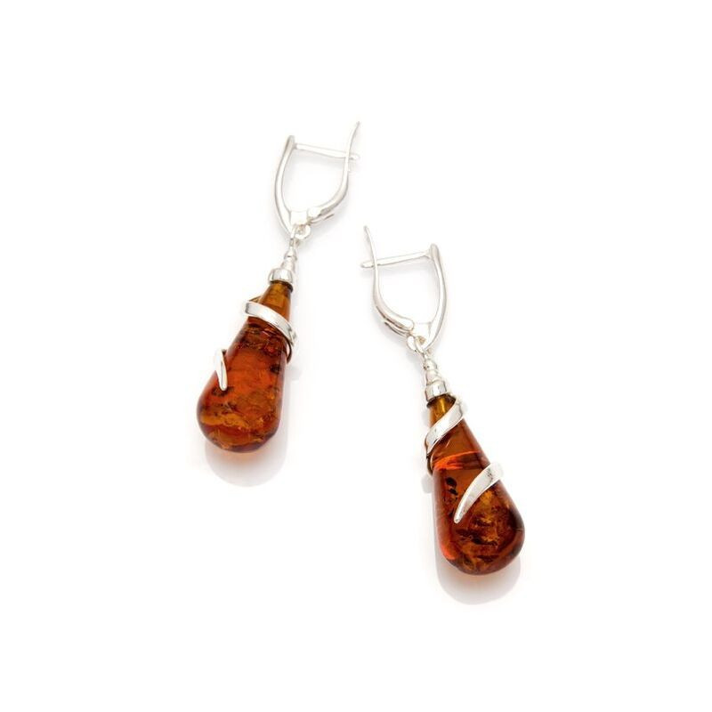 Boucles d'oreilles en ambre cognac naturel goutte, en argent 925 rhodié
