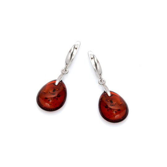 Boucles d'oreilles pendantes en ambre cognac navette, en argent 925 rhodié