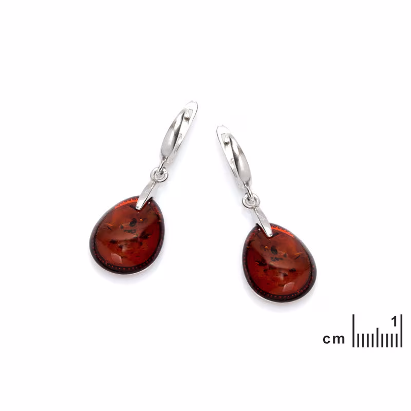 Cognac amber navette drop earrings, rhodium-plated 925 silver
