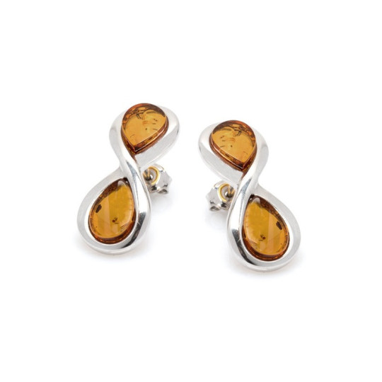 Clous d'oreilles en ambre cognac goutte, en argent 925 rhodié