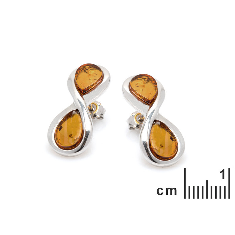 Clous d'oreilles en ambre cognac goutte, en argent 925 rhodié