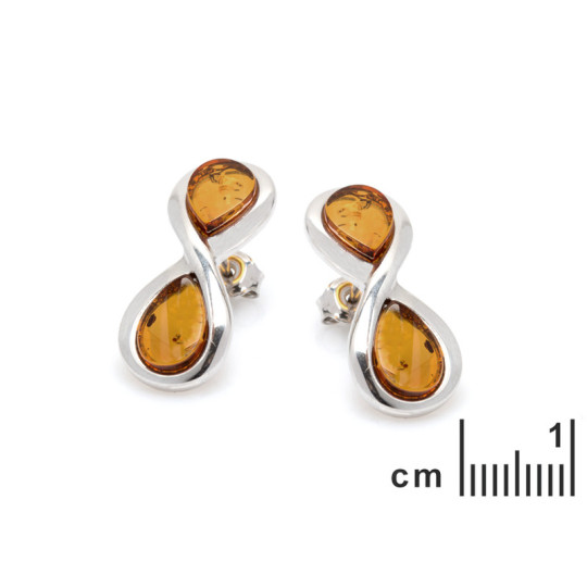 Clous d'oreilles en ambre cognac goutte, en argent 925 rhodié