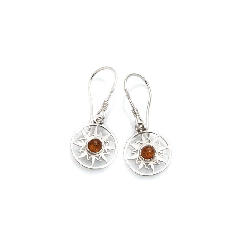 Boucles d'oreilles en ambre de la mer Baltique rond, en argent 925 rhodié