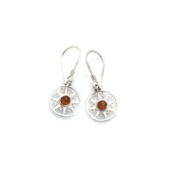 Boucles d'oreilles en ambre de la mer Baltique rond, en argent 925 rhodié